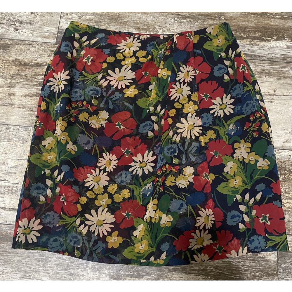 Vintage Liz Sport Skirt Size 10 Short Lined Slit Multicolor Floral Pleated Navy
